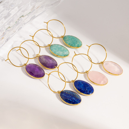 Boucles d'oreilles pendantes pour femmes, style ovale classique, en acier inoxydable, imperméables et anti-ternissement, couleur or, serties de pierres naturelles. 2