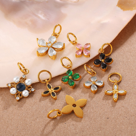 Pendentif DIY en acier inoxydable doré, étanche, orné de strass, en forme de fleur (1 pièce). 2
