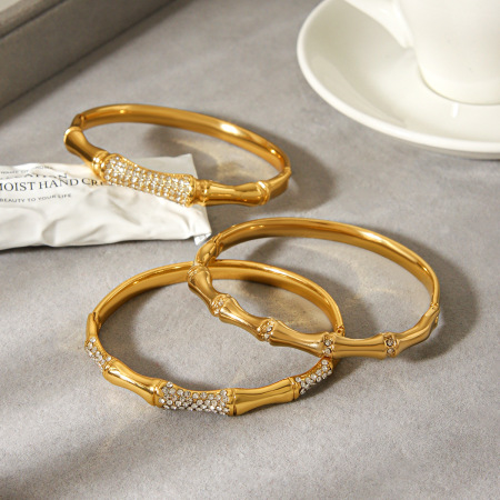 Bracelet pour femme en bambou, acier inoxydable, étanche, couleur or et zircon, design articulé