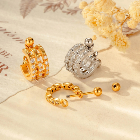 Boucles d'oreilles piercing femme en zircon couleur cuivre doré et feuille brillante 2