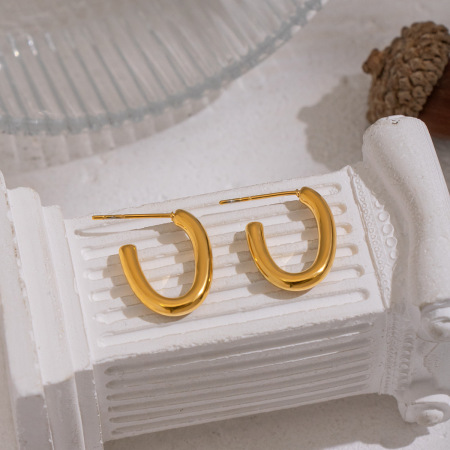 1 paire de boucles d'oreilles créoles en acier inoxydable doré, étanches, en forme de C