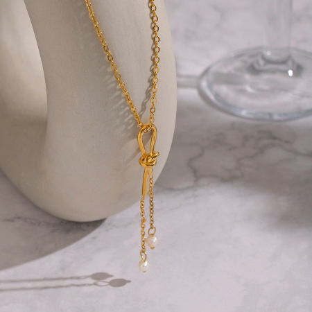 Collier avec pendentif perle couleur or, chaîne à pompon en acier inoxydable étanche 2