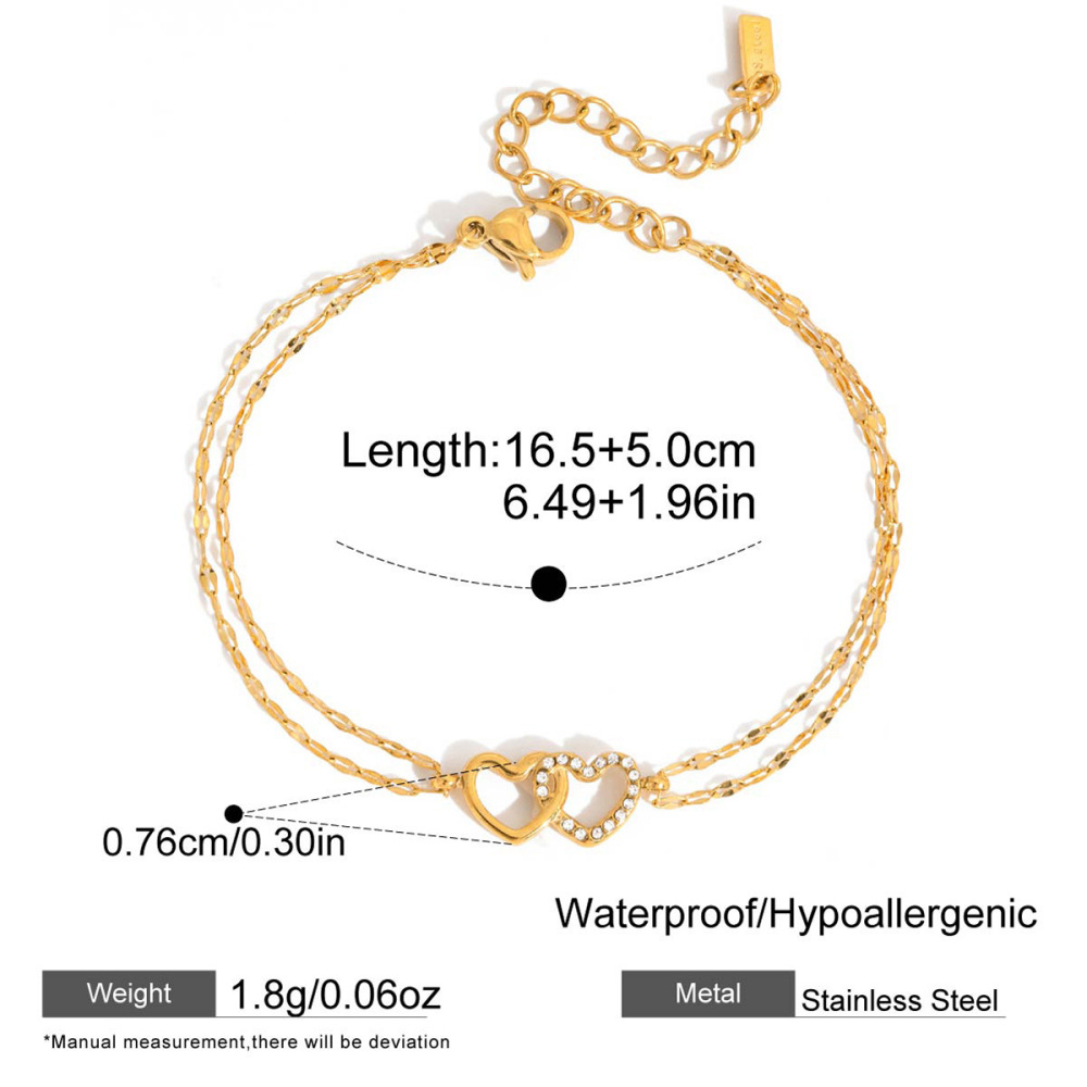 Bracelets Sophistiqués À Double Cœur En Acier Inoxydable, Étanches Et Anti-Ternissement, Couleur Or, Pour Femmes Image2