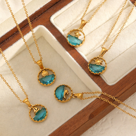 Colliers pendentifs femme en acier inoxydable doré, étanches, avec strass, motif vacances en mer