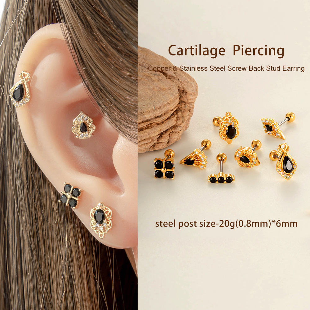Boucles D'Oreilles Piercing Pour Femmes, En Zircon Noir, Couleur Cuivre Doré, Imperméables Et Anti-Ternissement h5Image5