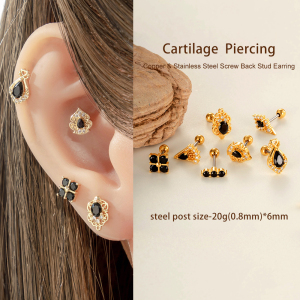 Boucles D'Oreilles Piercing Pour Femmes, En Zircon Noir, Couleur Cuivre Doré, Imperméables Et Anti-Ternissement h5 Image5