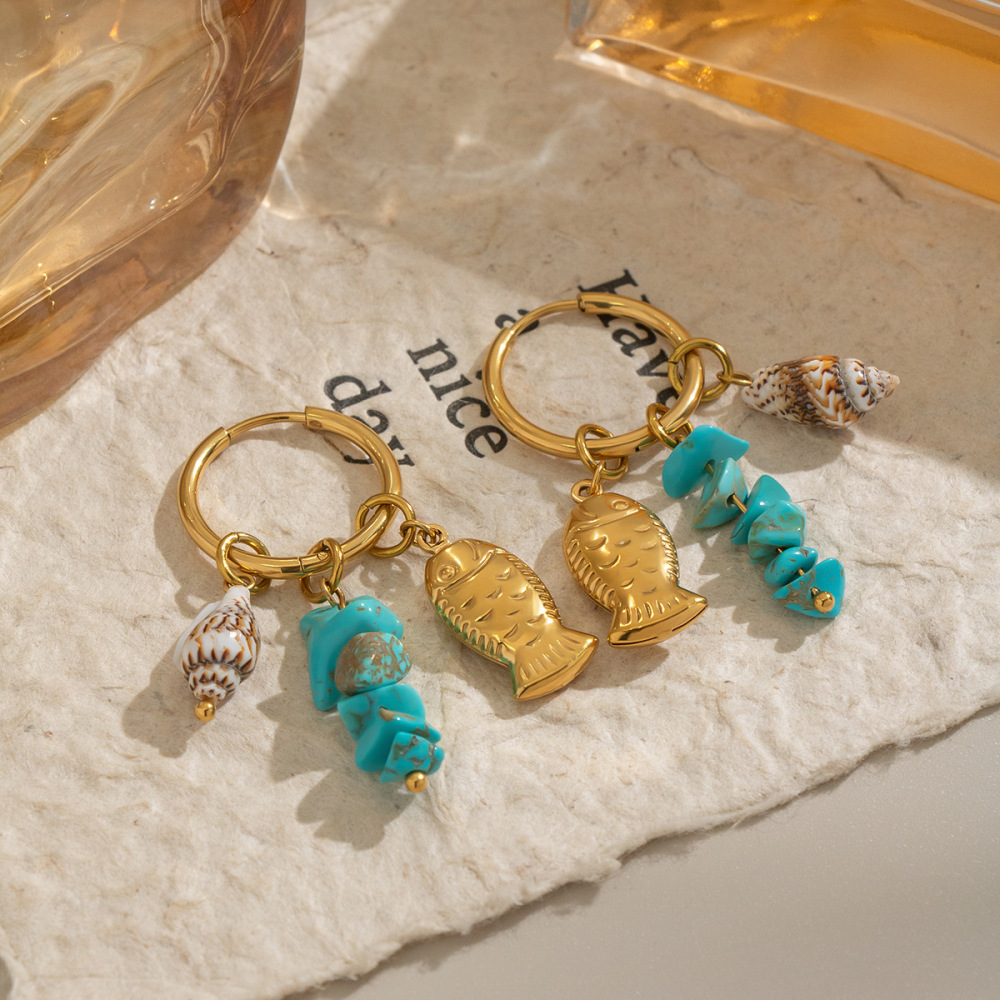 Boucles D'Oreilles Pendantes Pour Femme, Motif Coquillage Et Étoile De Mer, En Acier Inoxydable Étanche Et Pierre Naturelle. Image4