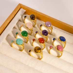 Bague Classique Ronde En Acier Inoxydable Avec Double Pierre Naturelle, Imperméable Et Anti-Ternissement, Couleur Or, Pour Femme. h5 Image3