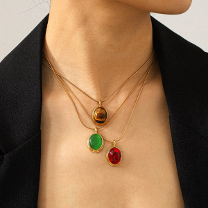 Collier Pendentif Femme Luxueux En Acier Inoxydable Doré, Pierre Naturelle, Forme Ronde, Étanche (1 Pièce) h5 Image4
