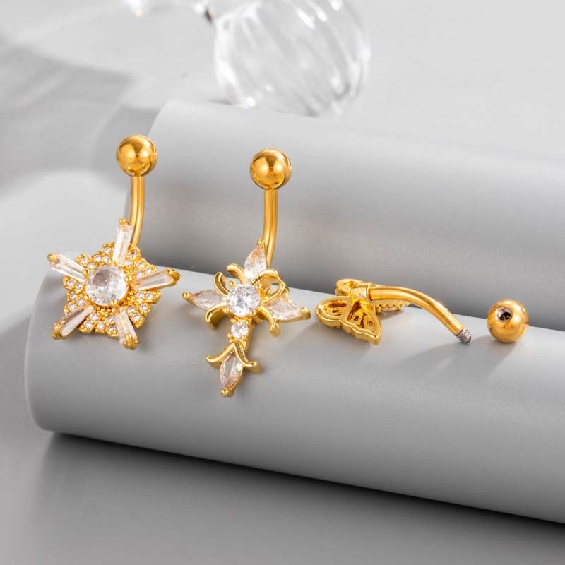 Piercing Nombril En Zircon Couleur Cuivre Doré Avec Croix Et Papillon En Forme De Fleur Brillante h5Image3