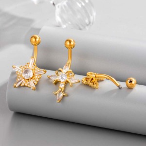 Piercing Nombril En Zircon Couleur Cuivre Doré Avec Croix Et Papillon En Forme De Fleur Brillante h5 Image3