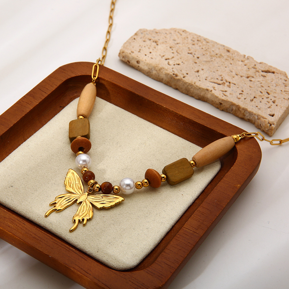 Colliers Pendentifs Pour Femmes En Perles De Bois Papillon, Acier Inoxydable, Étanches Et Anti-Ternissement, Couleur Or Image4