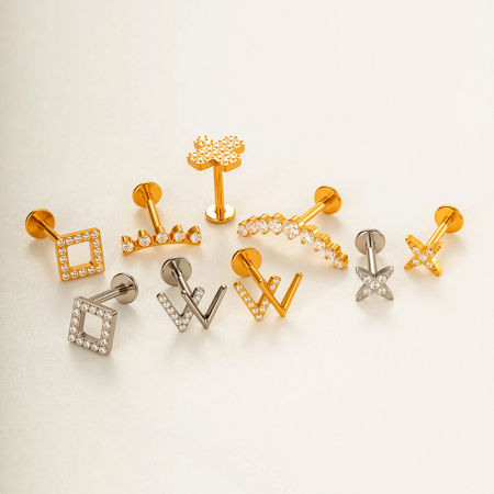 Boucles d'oreilles piercing rectangulaires pour femmes, en alliage de titane ASTM F136, couleur or, avec zircon.