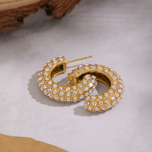 1 Paire De Boucles D'Oreilles Créoles Luxueuses En Acier Inoxydable Doré, Étanches, En Forme De C Et Ornées De Strass. h5 Image2