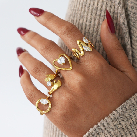 Bague de luxe haut de gamme, étanche et anti-ternissement, en acier inoxydable doré avec zircon. 2