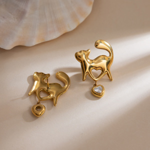 Boucles D'Oreilles Pendantes Pour Femme, En Acier Inoxydable Doré, Imperméables Et Anti-Ternissement, Ornées D'Un Motif De Chat En Zircon. h5 Image5