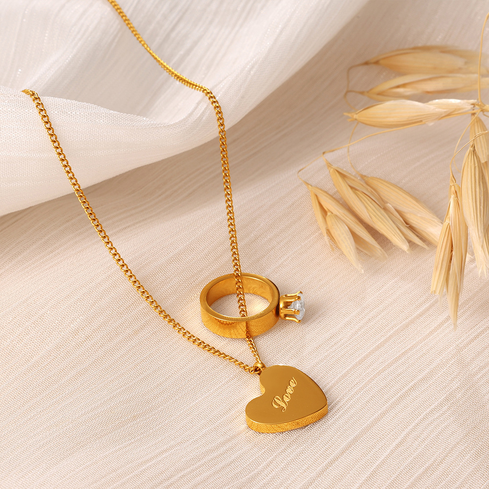 Collier Pendentif Femme En Forme De Cœur Avec Lettre D'Amour, En Acier Inoxydable Doré Et Zircon, Étanche Et Anti-Ternissement Image3