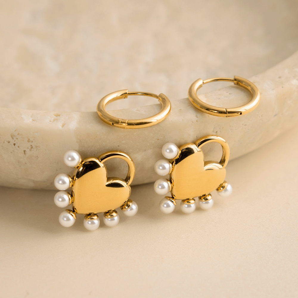 Boucles D'Oreilles Pendantes Pour Femme, Ornées De Magnifiques Perles En Forme De Cœur, En Acier Inoxydable, Imperméables Et Anti-Ternissement, Couleur Or. Image5