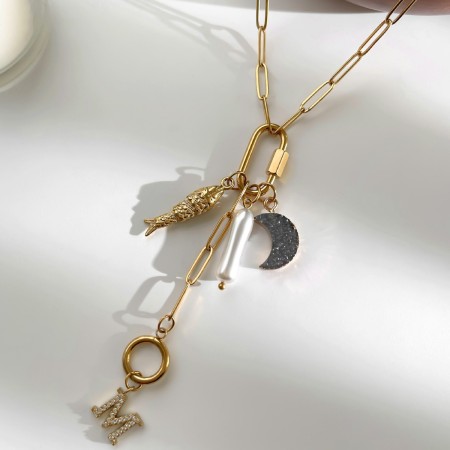 Collier pendentif lettre en acier inoxydable étanche couleur or avec zircon et perle artificielle 2