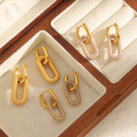Boucles d'oreilles créoles double anneau en acier inoxydable étanche couleur or avec strass pour femmes