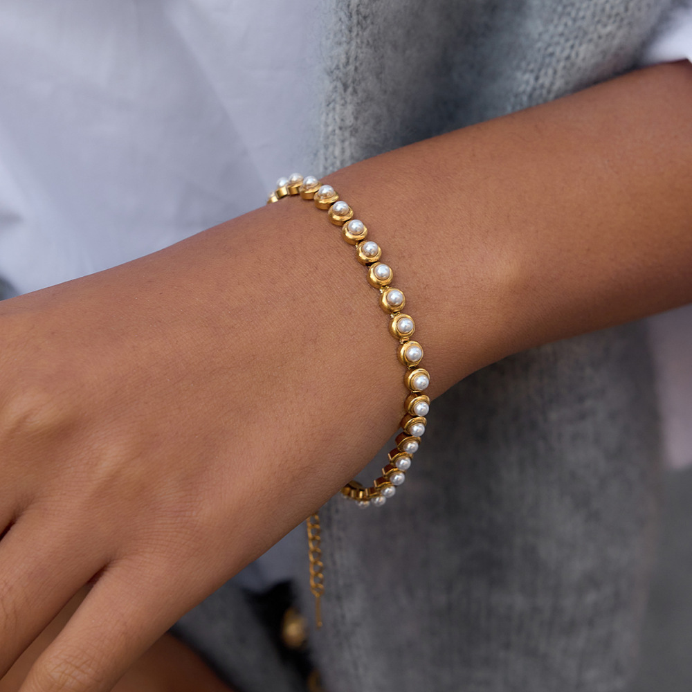 Bracelet De Perles Pour Femme, 1 Pièce, En Acier Inoxydable Imperméable, Couleur Or. h5Image5