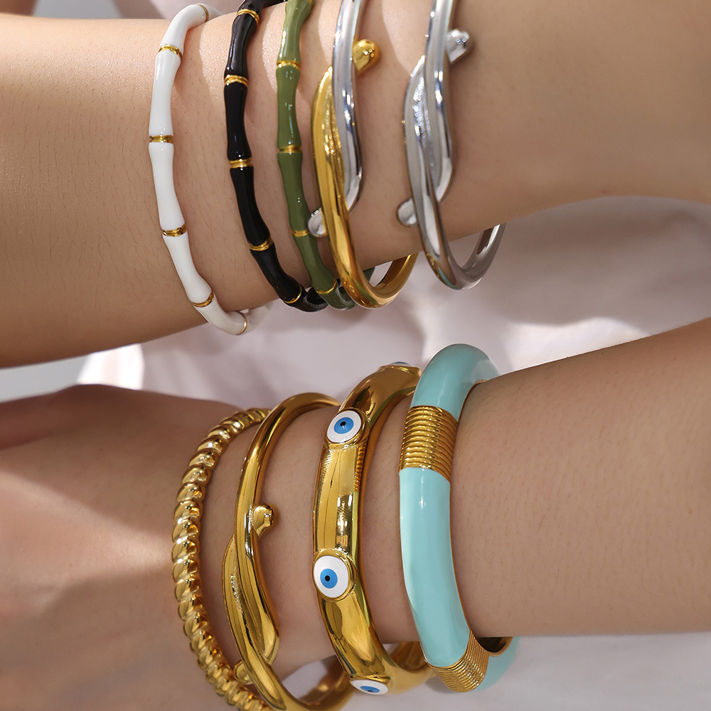 Bracelet Manchette Pour Femme En Acier Inoxydable Doré, Imperméable, Anti-Ternissement, Orné D'Un Motif Œil Du Diable Et D'Un Effet Goutte D'Huile. Image4