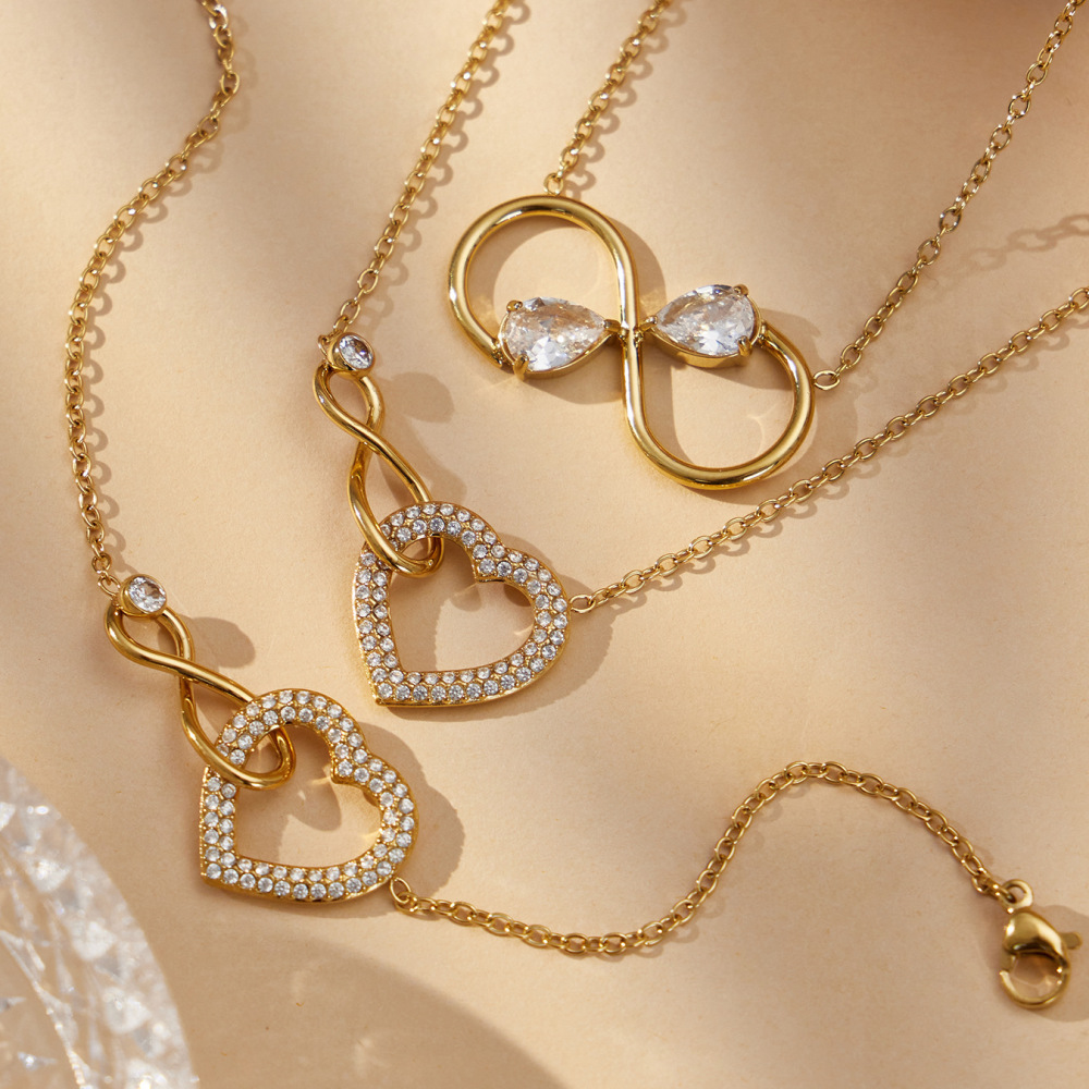Colliers Pendentifs Pour Femmes En Acier Inoxydable Doré, Imperméables, Anti-Ternissement Et Ornés De Zircon, Représentant Un Cœur Romantique Et L'Infini Image2