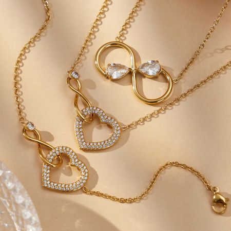 Colliers pendentifs pour femmes en acier inoxydable doré, imperméables, anti-ternissement et ornés de zircon, représentant un cœur romantique et l'infini 2