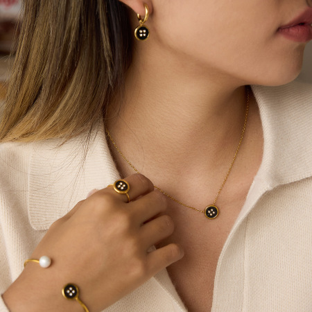 Ensembles de bijoux pour femmes en acier inoxydable, couleur or, étanches, série Classic Black Button