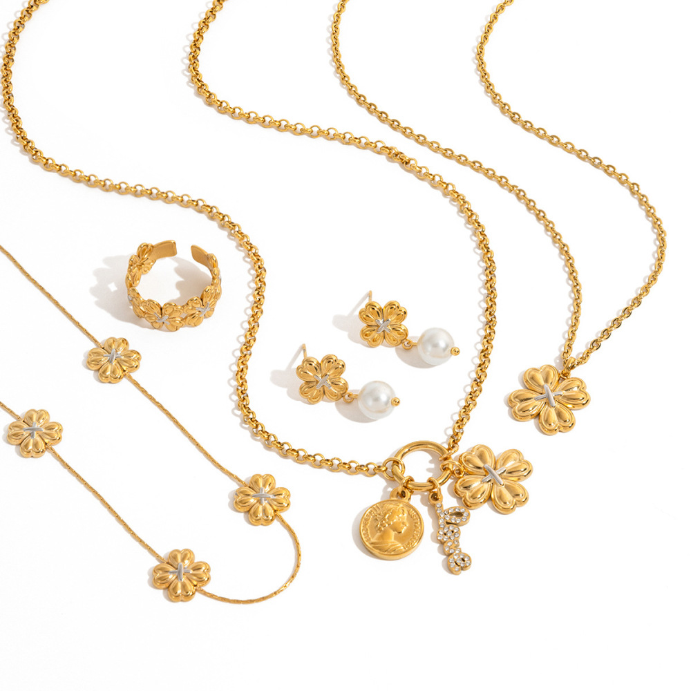 Ensembles De Bijoux Pour Femmes En Acier Inoxydable Étanche, Couleurs Or Et Argent, Motif Trèfle Naturel Image8