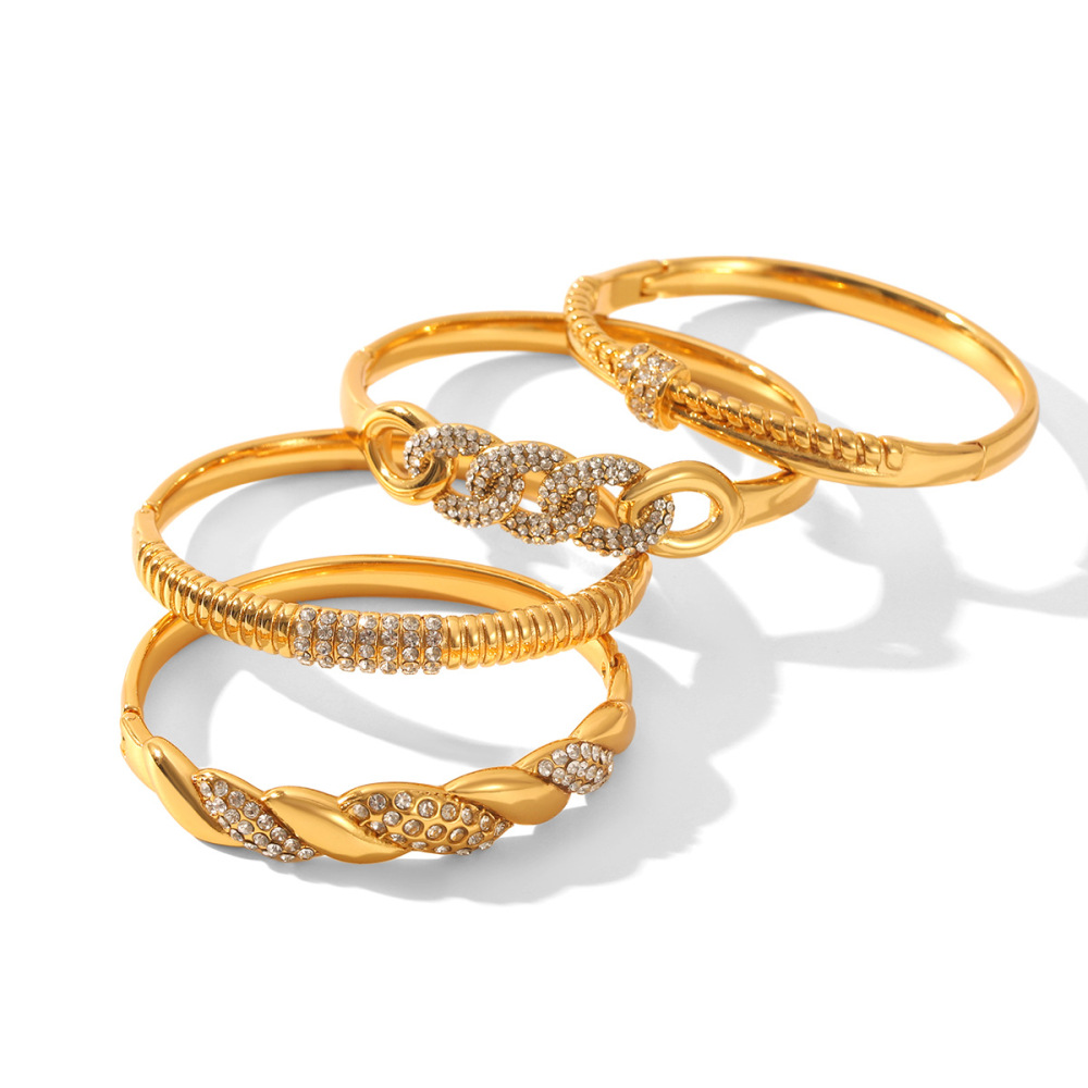 Bracelet Luxueux En Acier Inoxydable Étanche Couleur Or, Forme Torsadée, Orné De Zircon. Image6