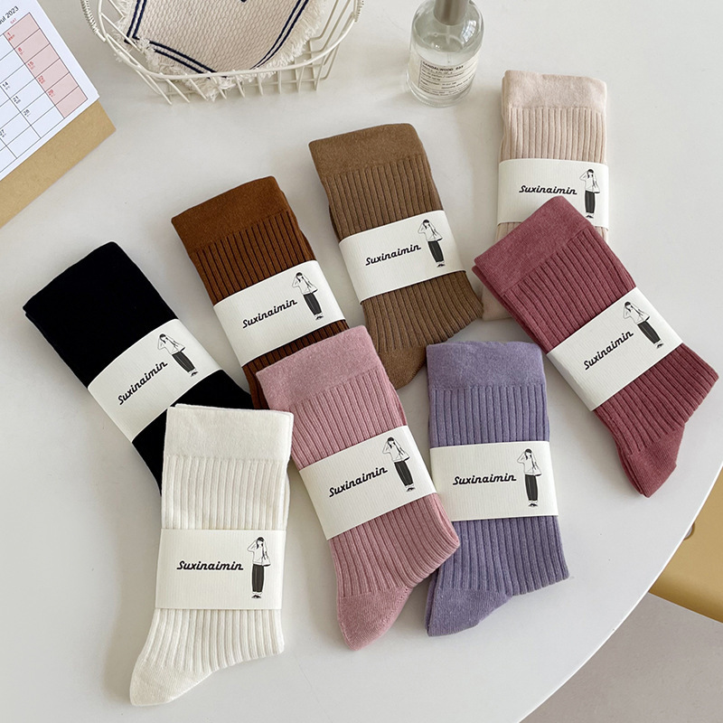 Chaussettes De Sport Mi-Mollet En Pur Coton Côtelé, Couleur Unie, À Rebond Élevé Image2