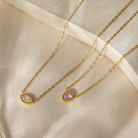 Colliers pendentifs ovales scintillants en acier inoxydable, imperméables et anti-ternissement, couleur or, avec zircon pour femmes 2