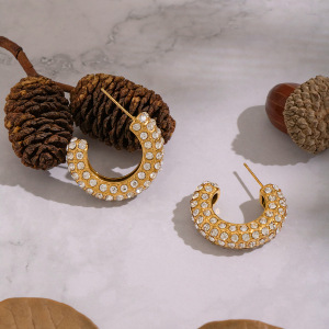 1 Paire De Boucles D'Oreilles Créoles Luxueuses En Acier Inoxydable Doré, Étanches, En Forme De C Et Ornées De Strass. h5 Image4