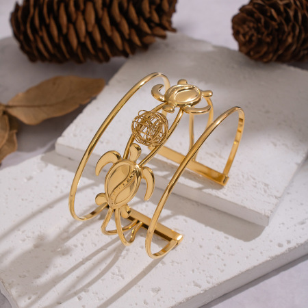 Bracelet manchette tortue étanche en acier inoxydable couleur or (1 pièce) 2