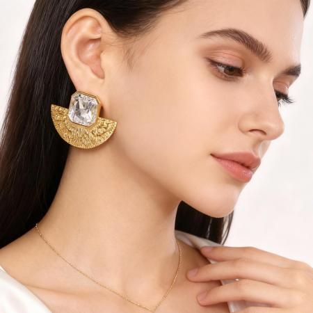 Boucles d'oreilles puces pour femme, style rétro exagéré, rectangulaires, en verre, acier inoxydable, étanches, couleur or (1 pièce).