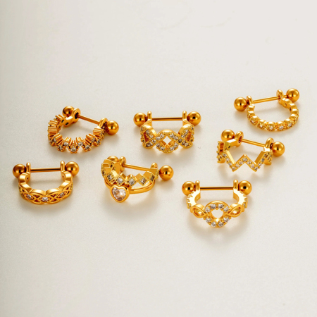 Boucles d'oreilles piercing femme en forme de cœur, couleur cuivre doré, avec zircon.