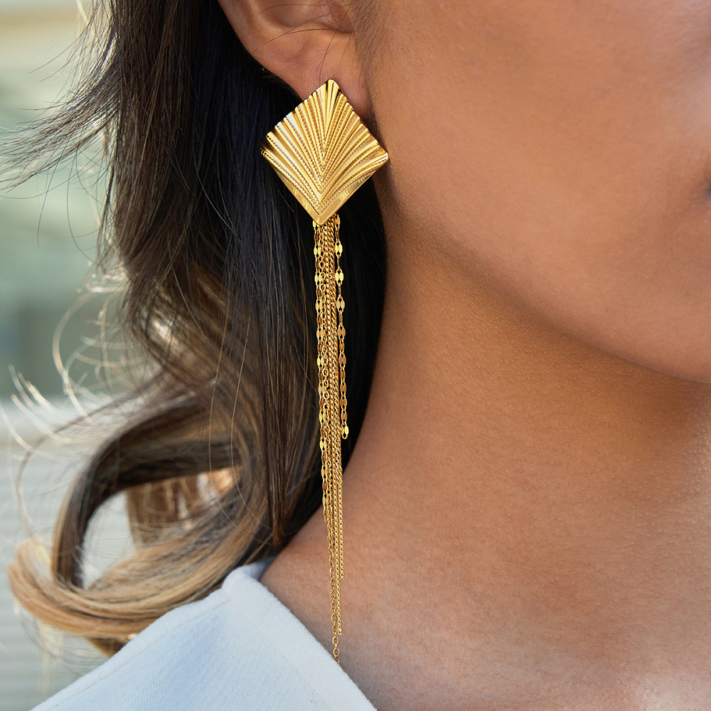 Boucles D'Oreilles Pendantes Pour Femme, En Acier Inoxydable Doré, Avec Pompon Rectangulaire Et Imperméables. Image3