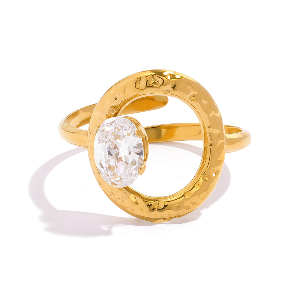 Bague De Luxe Haut De Gamme, Étanche Et Anti-Ternissement, En Acier Inoxydable Doré Avec Zircon. 