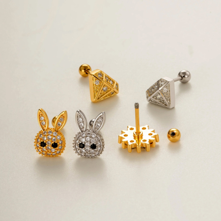 Boucles d'oreilles piercing femme en zircon couleur cuivre doré, motif animal féerique 2