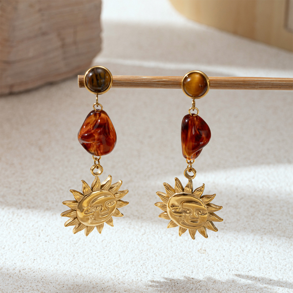 1 Paire De Boucles D'Oreilles Pendantes Pour Femme, Ornées D'Un Soleil, En Acier Inoxydable Et Acrylique Imperméable, Couleur Or, Serties De Pierres Naturelles Délicates. Image3