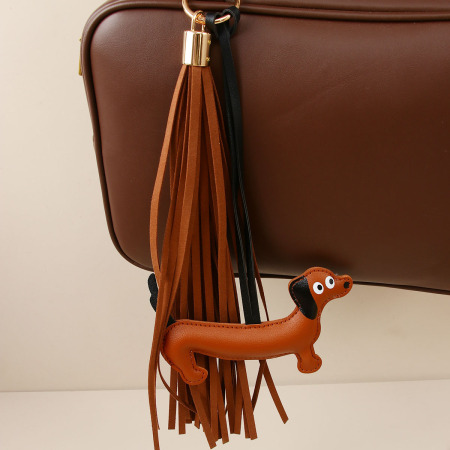 1 breloque de sac à main rétro style teckel, en PU, avec pompon (collection classique)