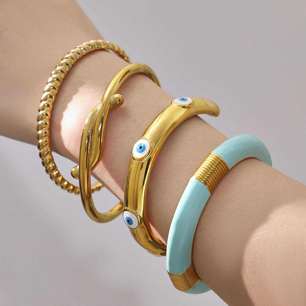 Bracelet Manchette Pour Femme En Acier Inoxydable Doré, Imperméable, Anti-Ternissement, Orné D'Un Motif Œil Du Diable Et D'Un Effet Goutte D'Huile. Image3