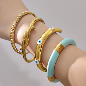 Bracelet Manchette Pour Femme En Acier Inoxydable Doré, Imperméable, Anti-Ternissement, Orné D'Un Motif Œil Du Diable Et D'Un Effet Goutte D'Huile. h5 Image3