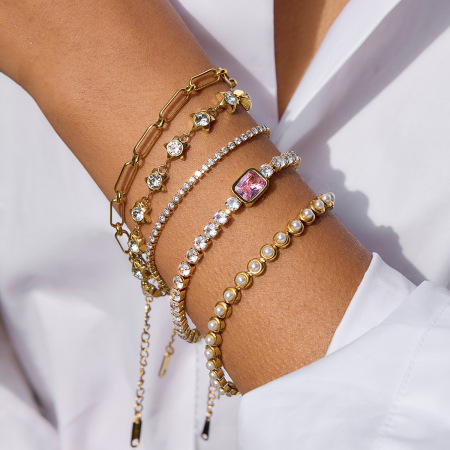 Bracelet de perles pour femme, 1 pièce, en acier inoxydable imperméable, couleur or. 2