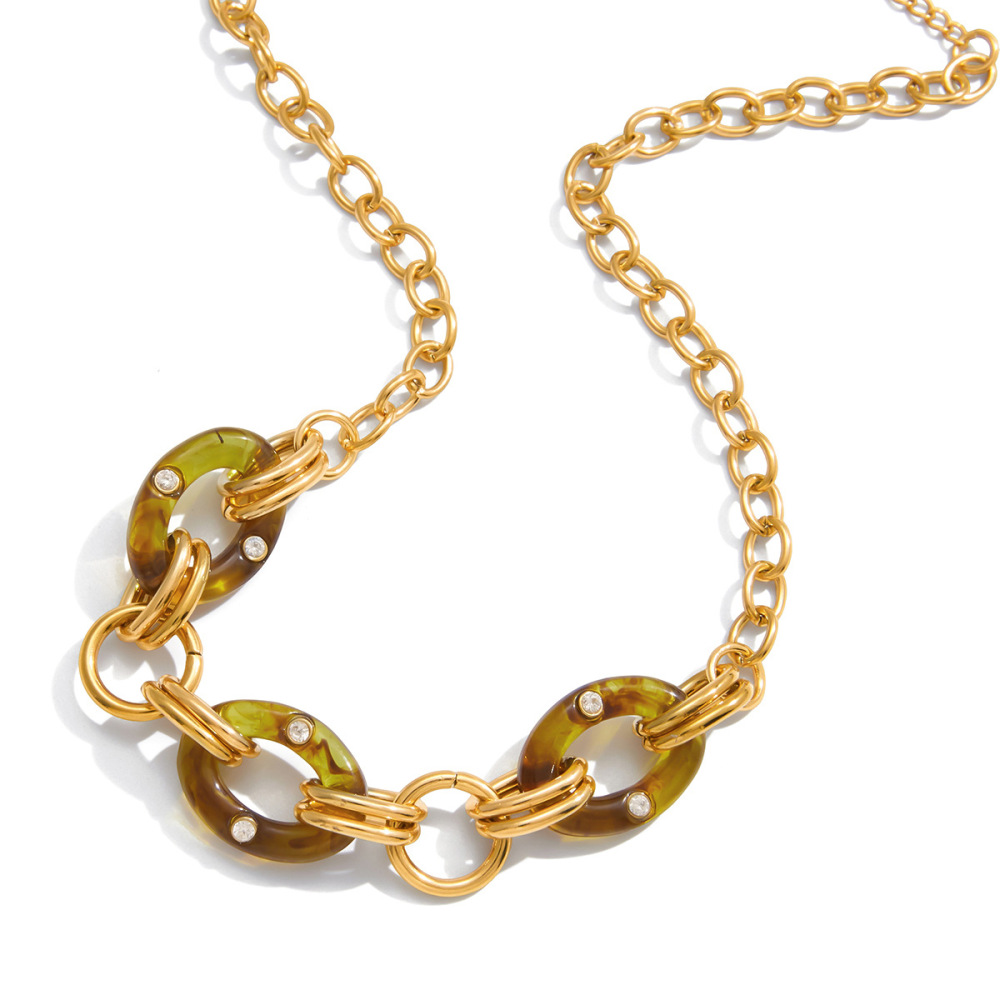 Collier Classique Ovale En Résine, Acier Inoxydable, Couleur Or, Pour Femme (1 Pièce)