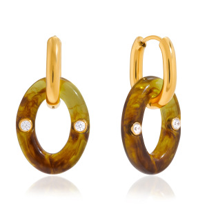 1 Paire De Boucles D'Oreilles Pendantes Ovales Vintage En Résine Et Acier Inoxydable, Couleur Or, Étanches. h5 