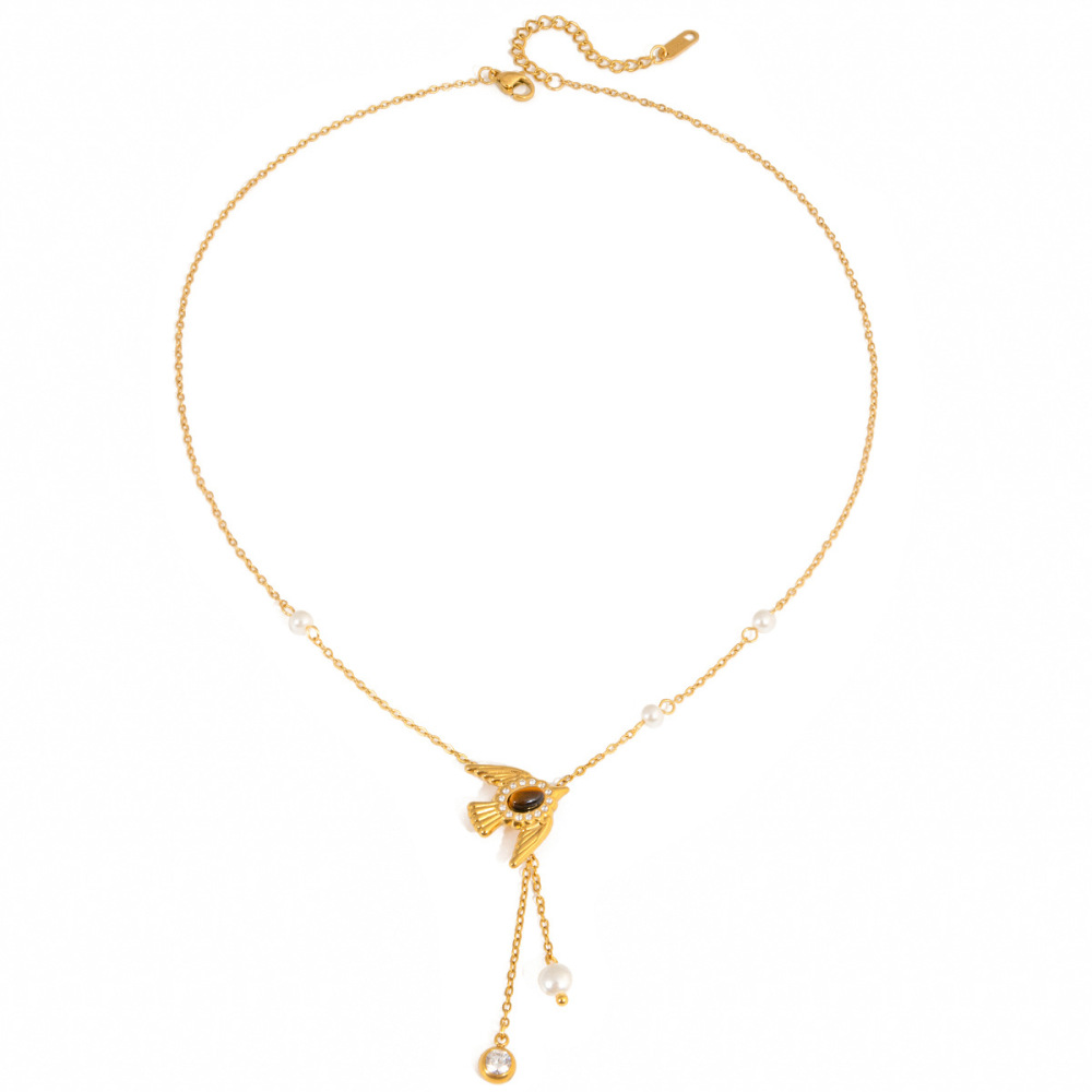Collier Pendentif Élégant Pour Femme, En Acier Inoxydable Doré, Avec Oiseau En Pierre Naturelle, Étanche Et Anti-Ternissement. 