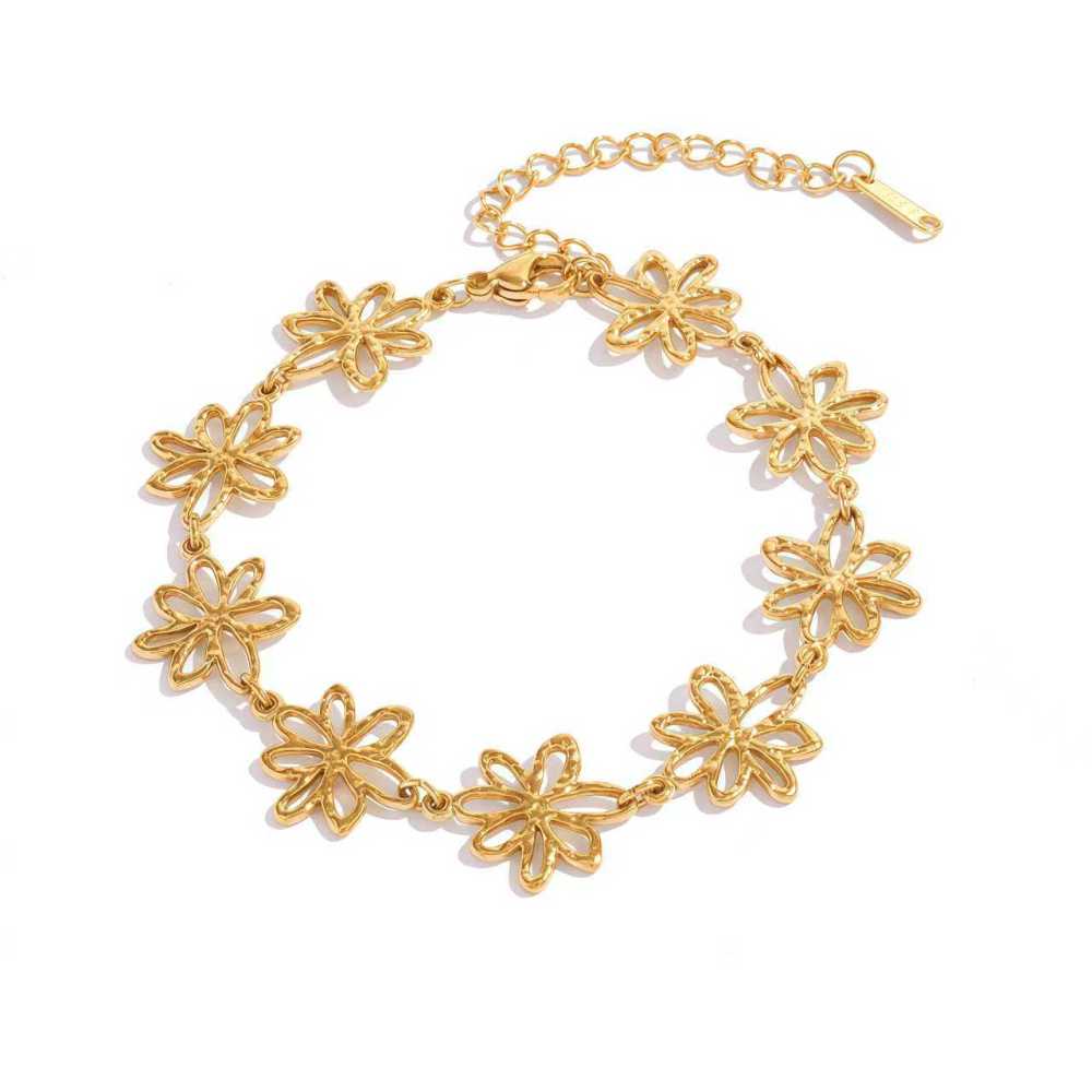 Ensembles De Bracelets Pour Femmes En Acier Inoxydable Martelé À Motif Floral, Imperméables Et Anti-Ternissement, Couleur Or 