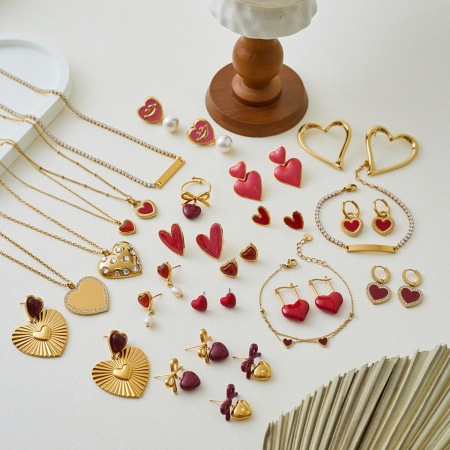 Ensembles de bijoux pour femmes en acier inoxydable doré, imperméables, en forme de cœur rouge romantique